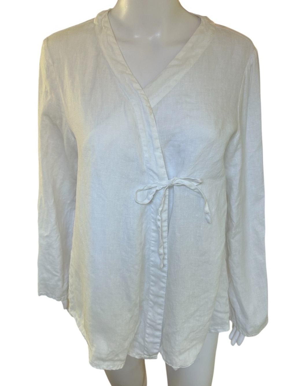 ▶️ Lintico Womens L 100% Linen White Wrap Blouse Tie Front Long Sleeve Lagenlook